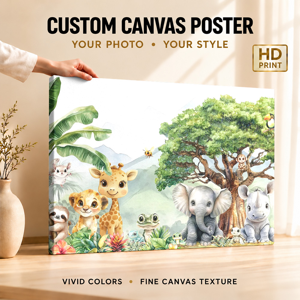 Baby Nursery Frames - Baby Jungle Animals Wood Framed Canvas