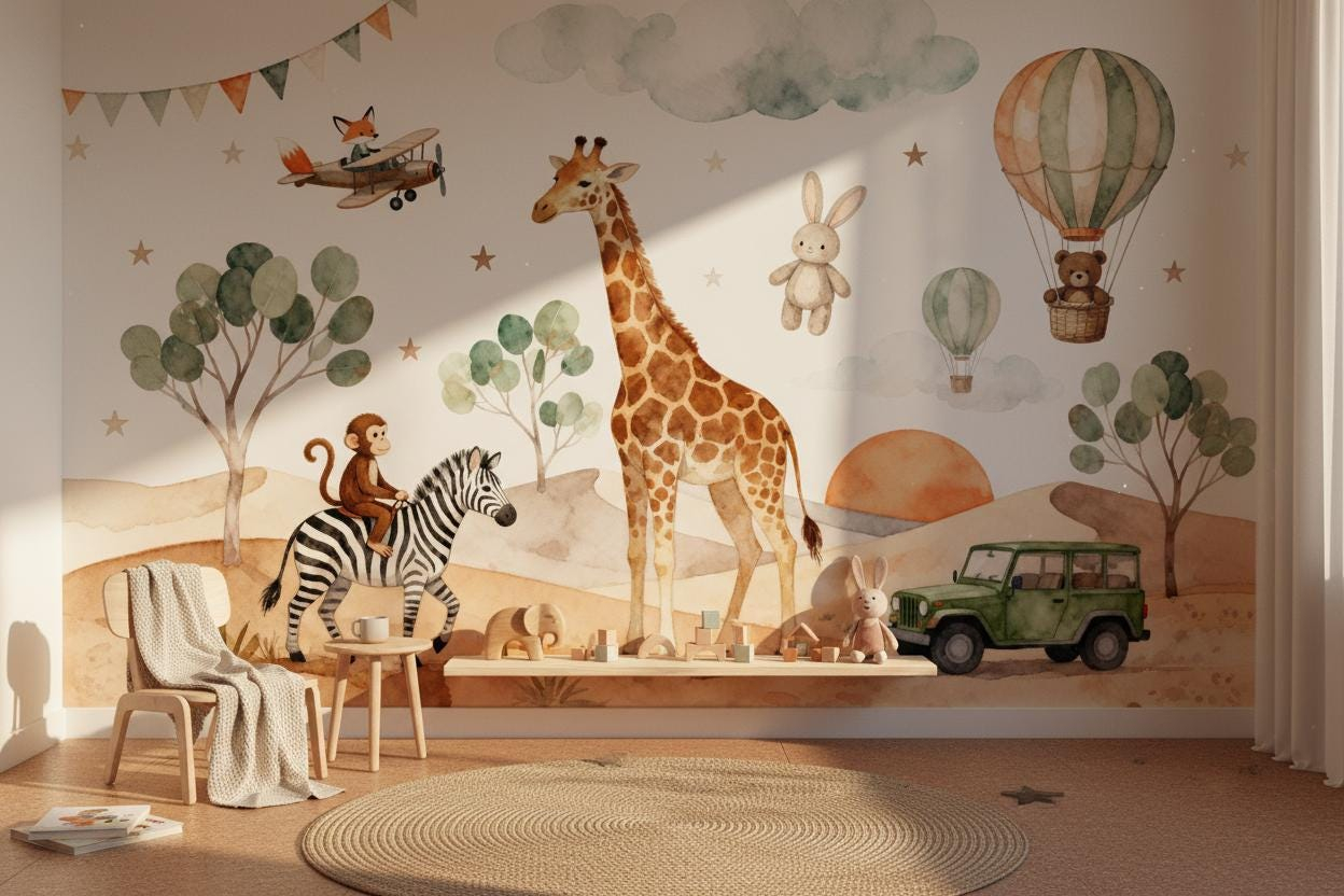 Cartoon Animal Wall Mural Kids - Baby Nursery Peel And Stick Wallpaper ulasan dan harga